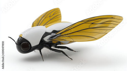 Yellow wing black body modern robotic insect clean render futuristic design artificial intelligence technology isolated white background innovation. sense of curiosity and wonder is evoked by