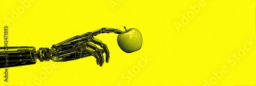 Robotic hand apple yellow background futuristic technology artificial intelligence minimal digital innovation concept Robotic hand holding apple yellow background futuristic technology concept