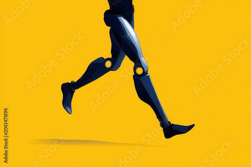 Futuristic robotic leg artificial limb advanced prosthetic running motion modern technology innovation yellow background dynamic movement sleek design energetic concept