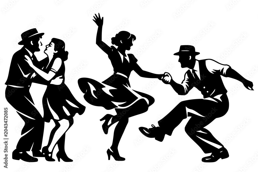 Fototapeta premium Vector silhouette of three dancing couples in vintage attire, lively poses with hats, suits, and dresses. Symbol of swing, jazz, rhythm, and social celebration.