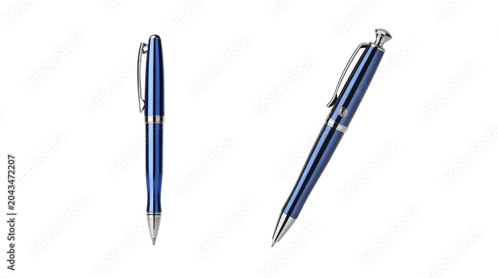 Fototapeta premium Two blue ink pens for office work isolated on white background with stationery business document signature accessories isolated background equipment corporate ballpoint