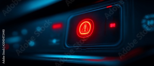 Close-up of a cars dashboard warning light illuminated in red, indicating a brake system issue.