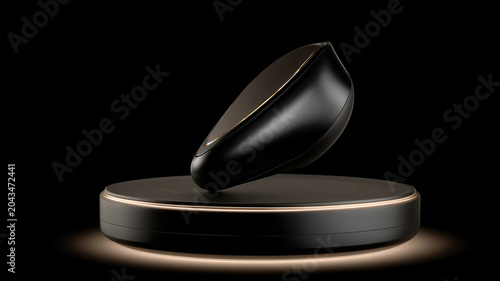 Futuristic biometric smart earpiece, black wireless earbud, modern technology, minimal design, illuminated display, floating on round platform, innovation concept