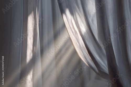 Sunlight filtering through sheer, flowing curtains, creating warm light and sharp shadows on the floor, evoking a calm and ethereal atmosphere.