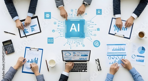 AI team collaboration and business analytics meeting on laptop workspace