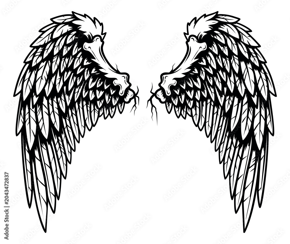 Obraz premium Engraving style illustration of symmetrical angel wings depicting detailed feathers and ornate spread design for tattoo and spiritual use
