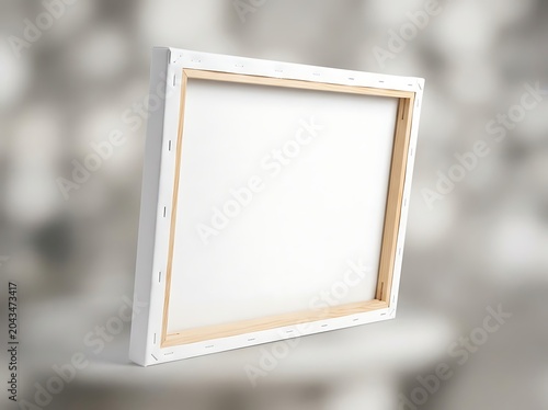 Blank square canvas mockup for artistic display showing back wooden frame structure in side view against blurry background