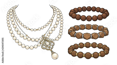 Foto Elegant Pearl Necklace and Wooden Bracelets Set