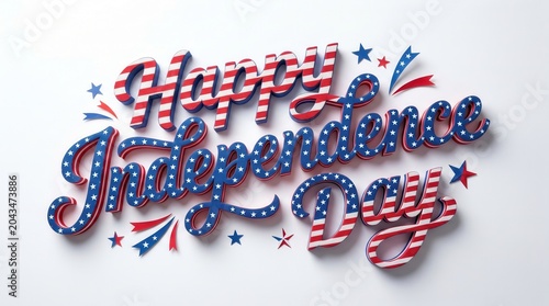 Happy Independence Day USA 4th July Text Design with American Flag Colors and Stars Celebration