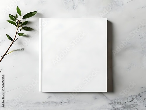 Blank square hardcover book mockup with green leaves on marble surface professional branding layout stationery presentation