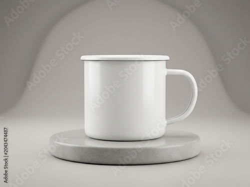 Blank white enamel mug mockup sitting on a smooth stone podium for product branding presentation and promotional design