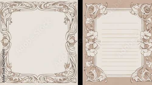 Vintage parchment frame floral ornament border vines symmetrical neutral copy space antique paper