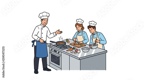 Photos Professional chef instructing two culinary students in a modern kitchen setting