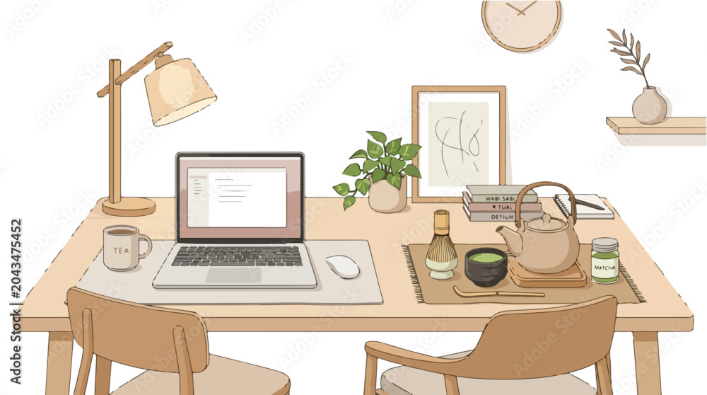 Fototapeta premium Calm Minimal Japandi Workspace with Laptop Tea and Matcha Set Cozy Home Office Desk Illustration for Relaxing Work Environment