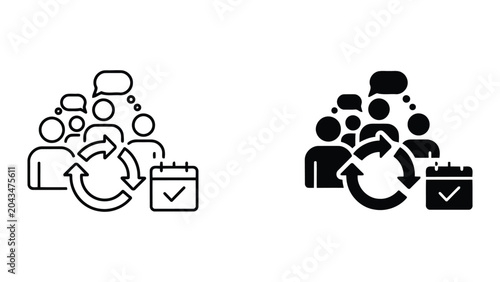 Foto Team project cycle and calendar scheduling icon set with group of people in disc