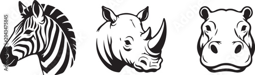 Bild auf Leinwand Zebra, Rhinoceros and Hippopotamus Head Icons Vector Set – African Wildlife Animal Logo Collection