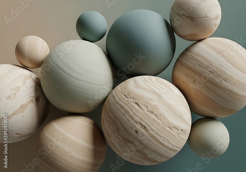 Abstract 3D composition of textured marble and matte spheres in neutral earth tones