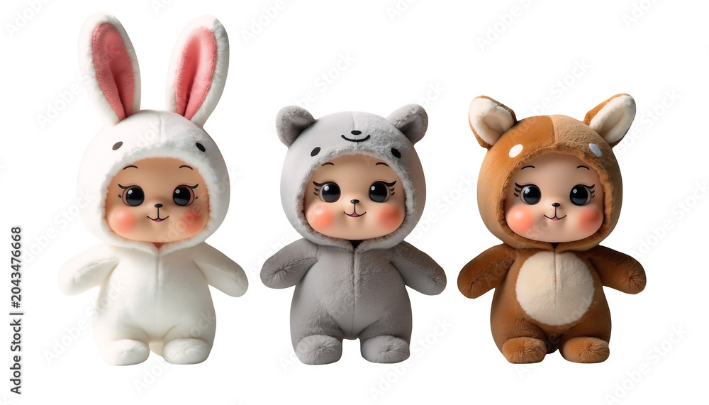Fototapeta premium Three cute baby dolls dressed in animal costumes isolated on a white background toys isolated on a transparent background