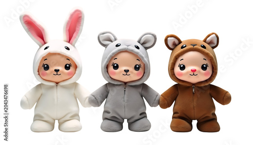 Three cute plush dolls dressed in animal onesies isolated on a plain white background isolated on a transparent background
