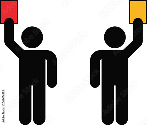 Two stick figure people holding red and yellow cards
