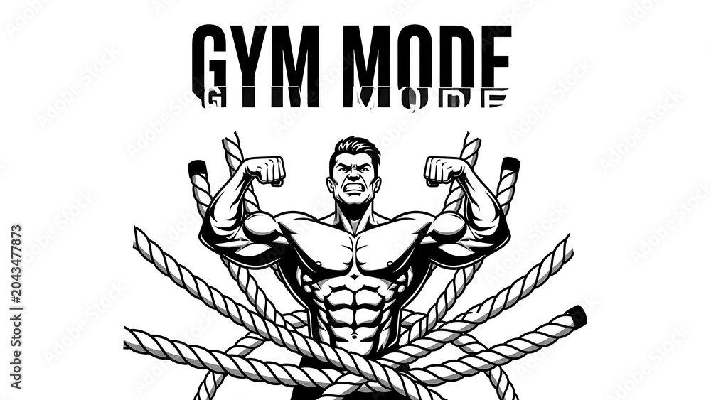 Fototapeta premium A muscular man flexing his arms with ropes and gym mode text isolated on a transparent background