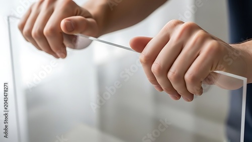 Close-up of male hands gripping and holding a thin transparent acrylic sheet