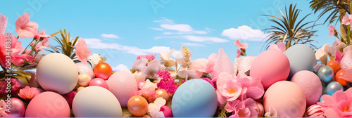 Colorful Easter Eggs and Flowers Arranged Under a Blue Sky During Springtime