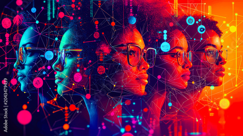 Women in Glasses With Digital Elements in Background Showing Connections and Technology During a Creative Session