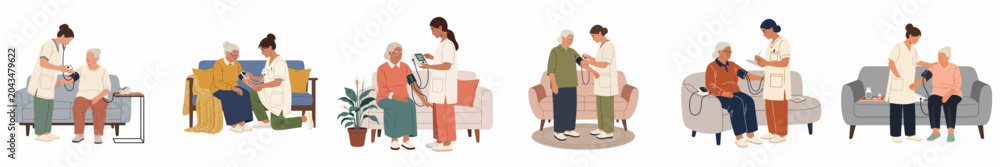 Obraz premium Flat illustration set of a female nurse or caregiver measuring an elderly woman's blood pressure during a home healthcare visit.