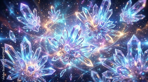 Celestial Glowing Crystals Floating in a Vibrant Space Nebula