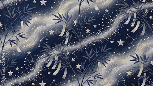 Shimmering Starry Night Pattern With Bamboo Stars and Constellations Symbolizing Wishes and Harmony Perfect for Tanabata Advertising Background Branding and Decorative Presentation Design