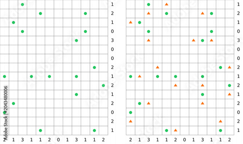 Tents and Trees logic puzzle series with numbered grids, trees, and tent solutions. Clean vector illustration for brain teasers, activity books, and printable worksheets