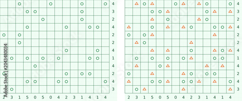Tents and Trees logic puzzle series with numbered grids, trees, and tent solutions. Clean vector illustration for brain teasers, activity books, and printable worksheets