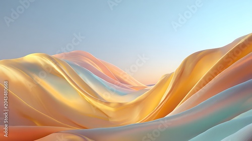 Flowing silk fabric waves in abstract formation resembling soft desert sand dunes with pastel gold and pink hues under a clear blue sky creating a serene minimalist scene