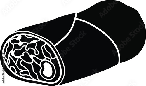 Black and white silhouette icon of a delicious mexican burrito wrap with meat and beans filling isolated for restaurant menu design and food advertising concepts