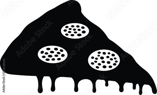Black silhouette of a pizza slice with melting cheese and pepperoni toppings as a simple graphic icon for food design and restaurant menu art projects