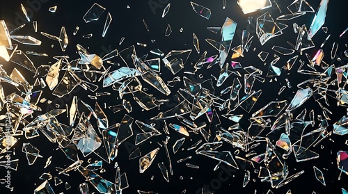 Exploding shards of broken glass on dark background with colorful light reflections