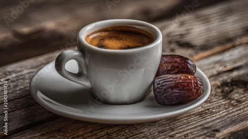 Espresso coffee in white ceramic cup served with dried dates on saucer featuring rich crema on rustic wooden table creating a warm traditional beverage experience