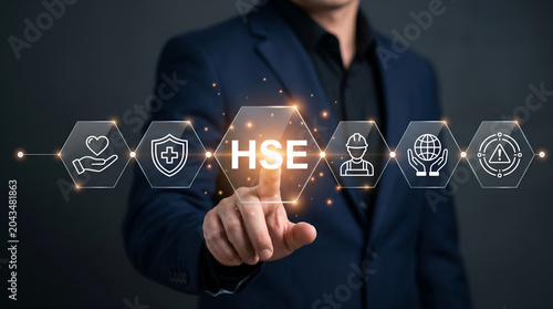 Businessman Interacting with Futuristic Digital HSE Interface for Comprehensive Health, Safety, and Environmental Management Solutions