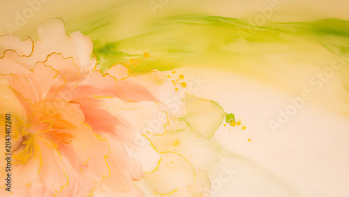 Soft Pastel Watercolor Floral Artwork Featuring Delicate Pink and Green Hues With Fluid Ink Movement Captured on a Smooth Surface