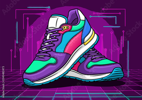 Vibrant Retro Style Running Shoe Vector Illustration on a Digital Grid Background