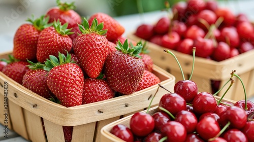 Fresh strawberries and cherries in rustic market baskets ready for sale