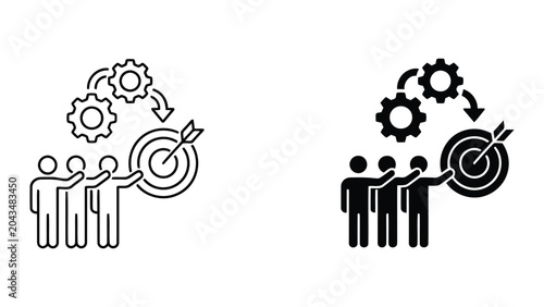 Business team target achievement and gear goal setting icon set for strategic project success and professional organizational milestone accomplishment
