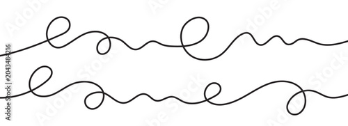 Two black continuous line squiggle with wavy cable curves. Simple thread elements.Hand drawn background shapes.