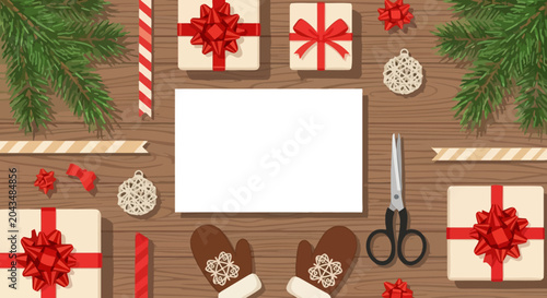 Quadro su tela Christmas flat lay with blank card, gifts, mittens, and festive decorations