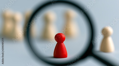 Magnifying glass focuses on a lone red figure among many blurred, light-colored figures