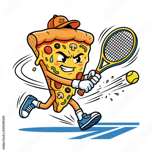 A cartoon pizza slice character plays tennis on a court with racket and ball.