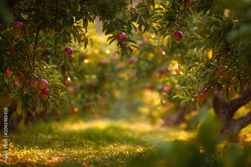 Lush apple orchard bathed in golden light with ripe red apples and glistening dew drops on leaves, creating a vibrant and serene natural scene.