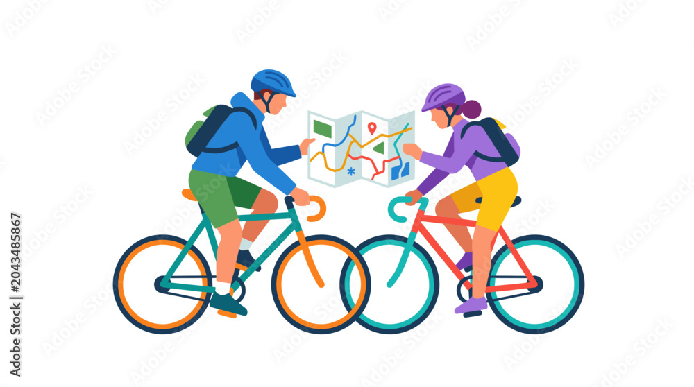Fototapeta premium Two cyclists riding bicycles together joyfully.