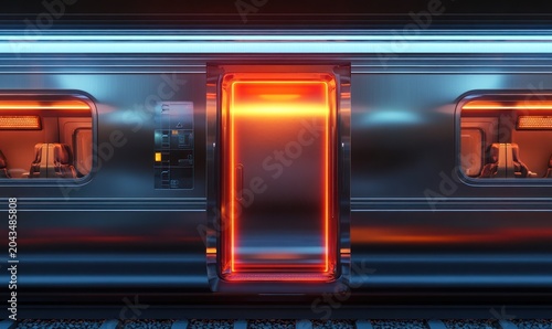 Modern Futuristic Train Car Exterior with Neon Blue Lights and Glowing Orange Door